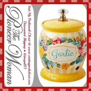 🦋 Pioneer Woman Sweet Romance Yellow Gingham Ceramic Garlic Keeper with Lid